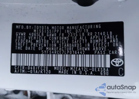 2020 Toyota Corolla Se z USA, uszkodzony, nr VIN 5YFS4RCE7LP016442